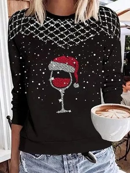 Christmas Hat Cup Cotton Blends Casual Grid Sweatshirt, Black, Sweatshirts & Hoodies