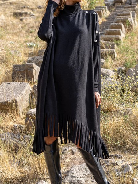 Black High Neck Long Sleeve Midi Dresses, Midi Dresses