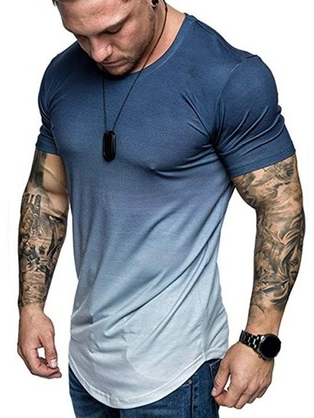 Men's Gradient Print Round Neck Short Sleeve T-Shirts, Blue, T-shirt
