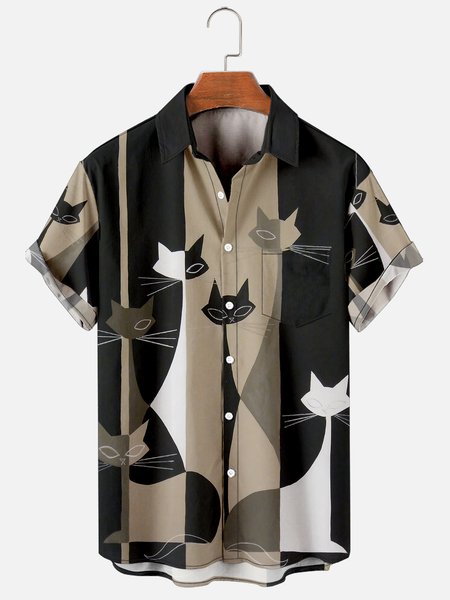 Geometric Cat Casual Shirt, Black, Men's Floral shirt