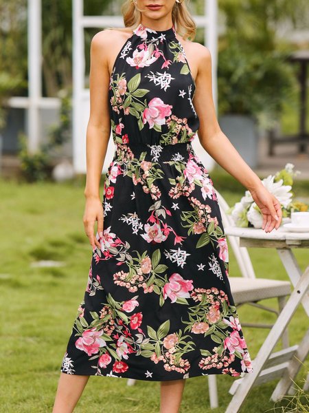 Stand Collar Regular Fit Floral Dresses, Black, Floral Dresses