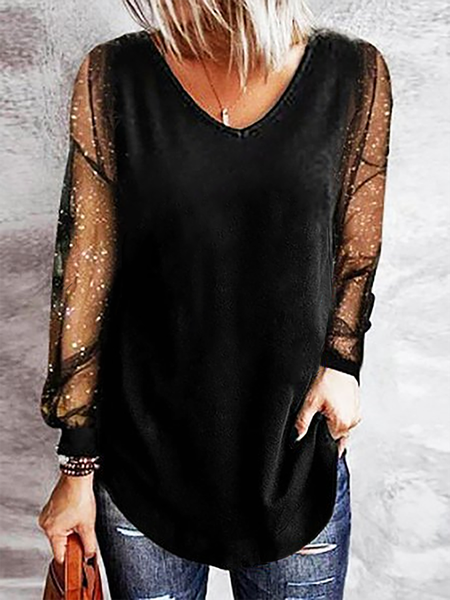 Plus size V Neck Casual Shirts & Tops, Black, T-Shirts