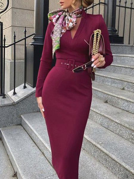 Lady Long Sleeve Solid Skinny Midi Dress, Wine red, Midi Dresses