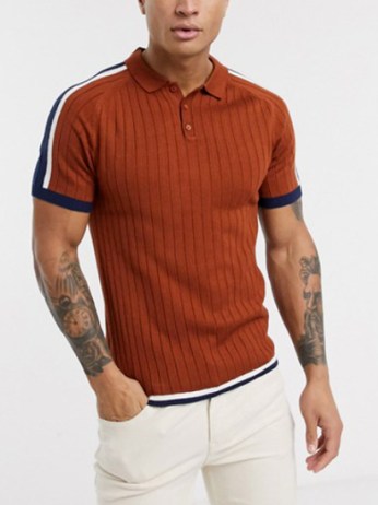 Simple Contrast Color Men's Knitted Cotton Blend Polo Shirt, Tan, Men's t-shirts