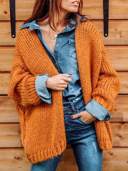 Plus Size Casual Solid Loosen Long Sleeve Outerwear, As picture, Cardigans