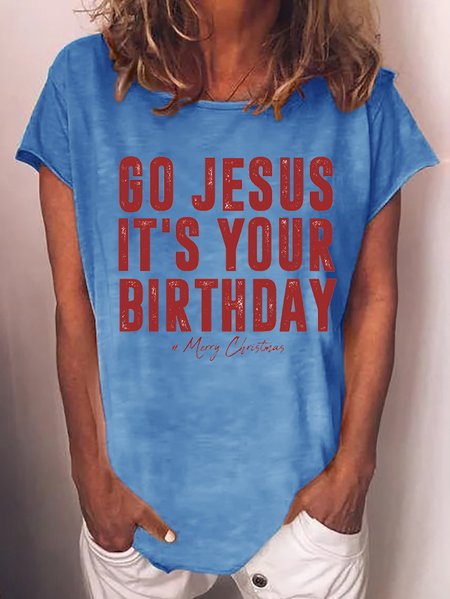 Christmas text print round neck short-sleeved T-shirt, Blue, T-shirts