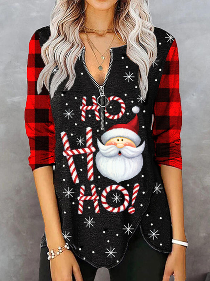 Christmas Cartoon Casual Regular Fit V Neck Zipper Tops, Black, Long sleeve tops