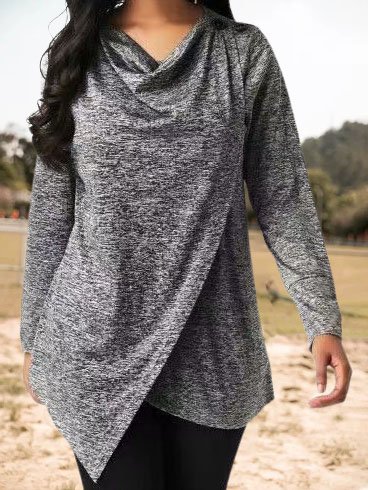 Cowl Neck Asymmetry Long Sleeve Shirts & Tops, Gray, Long sleeve tops