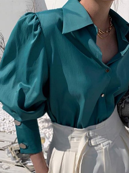 Elegant Cotton Solid Shirt Collar Blouse, As picture, Blouses and Shirts
