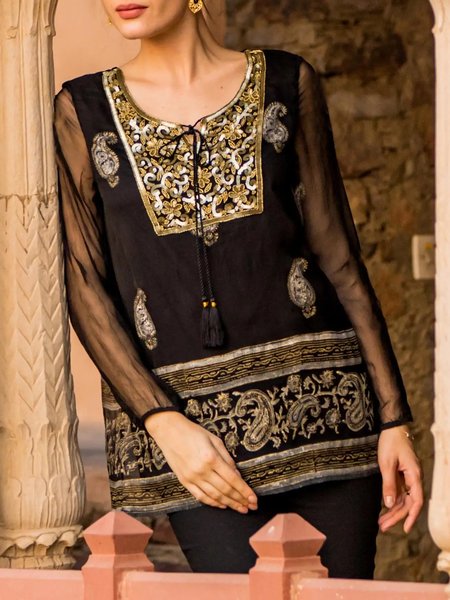 Paisley Printed Patchwork Long Sleeves Notched Tassels Plus Size Casual Tunic Tops, Black, Tops
Paisley Printed Patchwork Long Sleeves Notched Tassels Plus Size Casual Tunic Tops, Black, Tops
