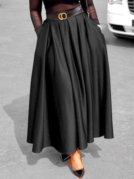 Elegant Pleated Solid A Line Skirt, Black, Skirts