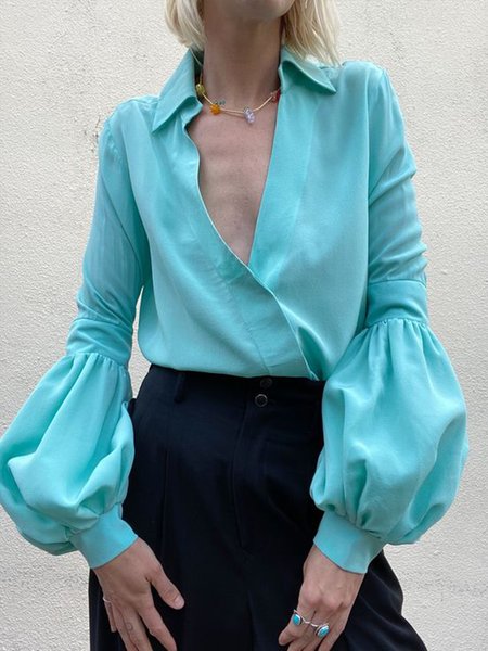 Shirt Collar Elegant Solid Daily Top, As picture, Blouses and Shirts