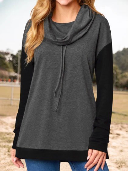 Cowl neck Off Shoulder Color Block Shirt & Top, Black-grey, Tunics