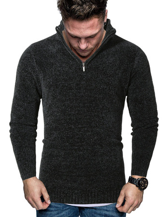 Men's Stand-Up Collar Zipper Design Solid Color Long-Sleeved Sweater, Black, Sweater