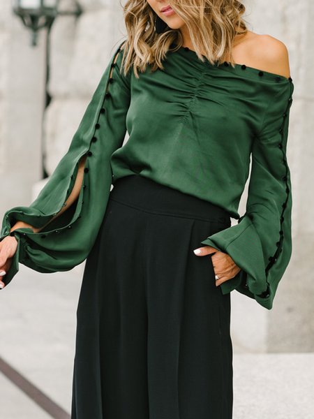 Elegant Boat Neck Long sleeve Shirt, Green, Tops