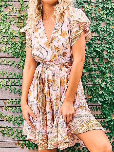 Regular Fit Tribal V Neck Short Sleeve Mini Dresses, As picture, Mini Dresses