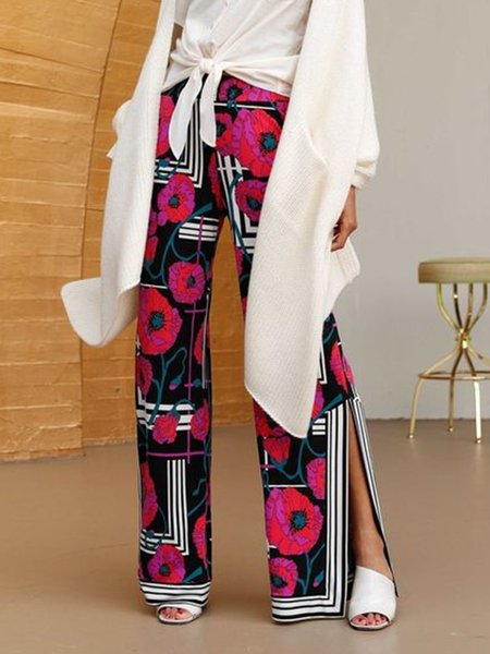 Mid Waist Date Daily Floral Slit Pants, As picture, Straight Leg Pants