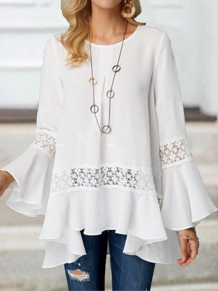 Loosen Crew Neck Casual Shirts & Tops, White, Tops