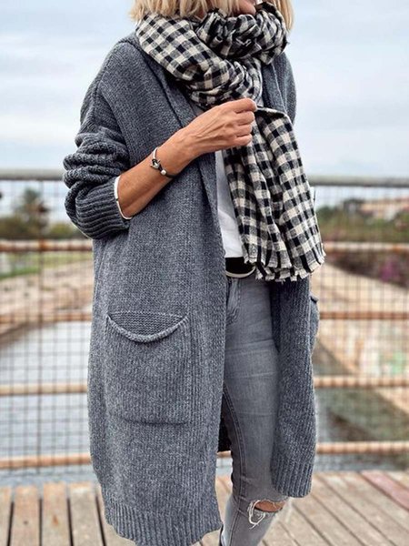 Solid With pockets Casual Mid-length Cardigans, Deep gray, Cardigans