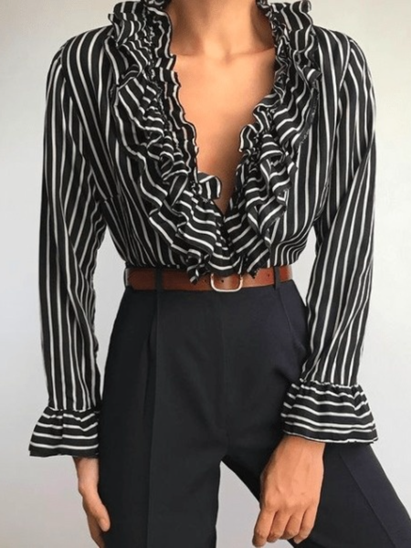 Spring Ruffle Collar Striped Regular Fit Long sleeve Date Daily Tops, Stripe, Tops