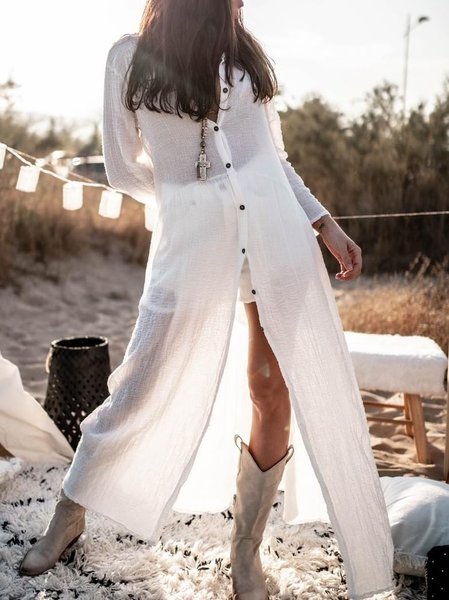 Casual Cotton Blends Shirt Collar Dresses, White, Maxi Dresses