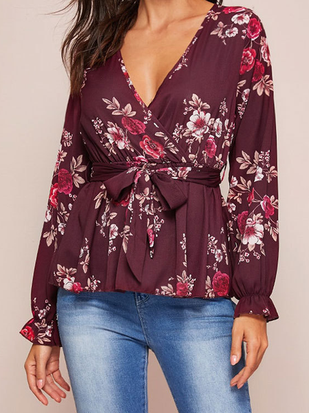 Elegant V Neck Printed Shirts & Tops, Brown, Long sleeve tops