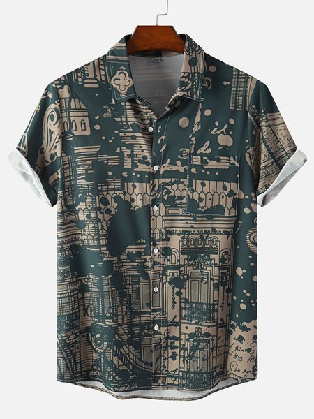 Mens retro geometric architecture short-sleeved shirt, Darkgreen, Men's Floral shirt