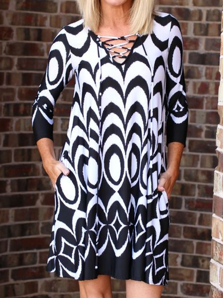 V Neck Pockets Casual Dresses, Black-white, Mini Dresses