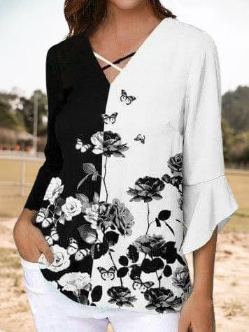 Floral Printed Flare Sleeve Three Quarter Shirts & Tops, Black-white, Long sleeve tops