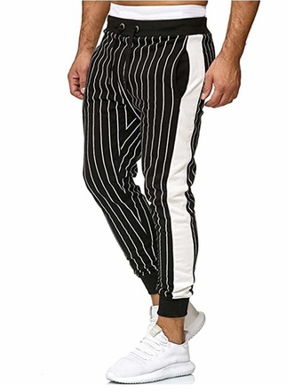 Men's Striped Stitching Beamed Sports Casual Trousers, Black-white, Pants