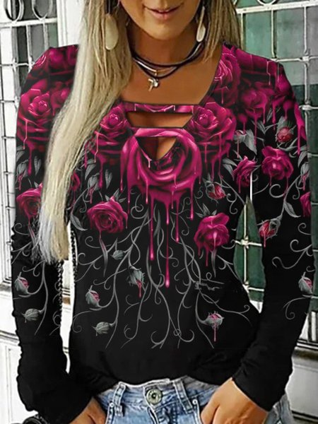 Floral V Neck Long Sleeve Sexy T-shirt, Black, T-Shirts