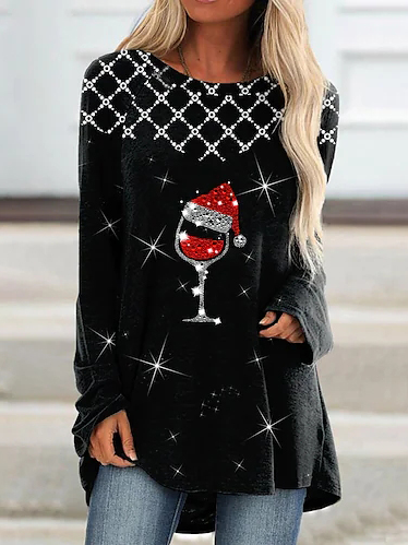 Plus Size Glass Print Long Sleeve Casual Shirts & Tops, Black, Long sleeve tops