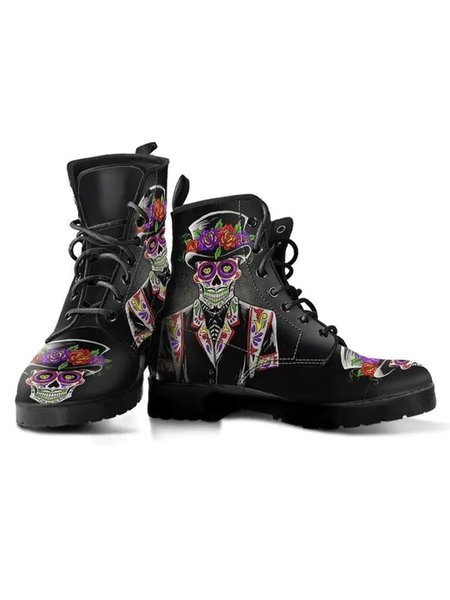 Halloween Skull Rose Martin Boots, As picture, Boots