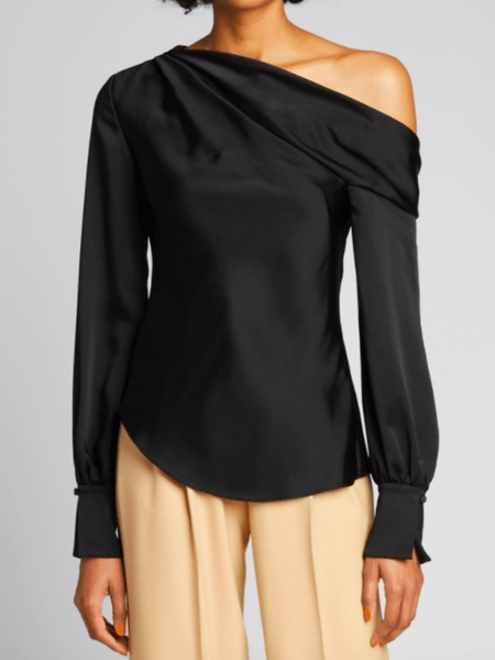 Spring Plain Formal Evening Date Asymmetrical Neck Tops, Black, Blouses and Shirts