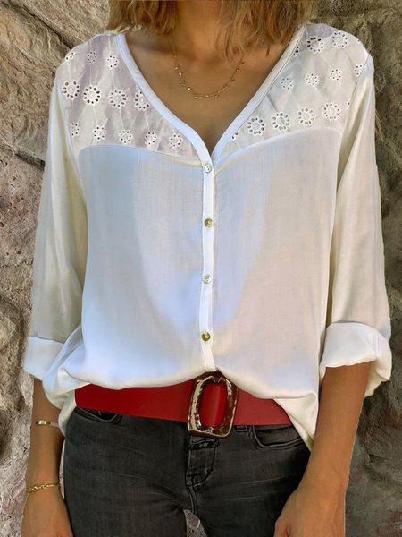 Embroidered Boho Solid V Neck Long Sleeve Tops, White, Blouses & Shirts