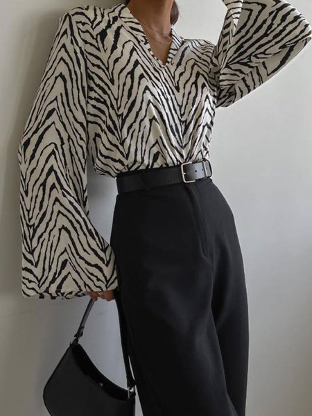 V neck Regular Fit Zebra Elegant Top, Black-white, Tops