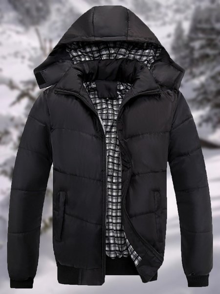 Men's Solid Color Warm Cotton Jacket With Removable Hood, Black, Jacket