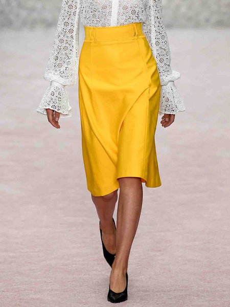 Elegant Solid Regular fit Skirt, Yellow, Midi Skirts