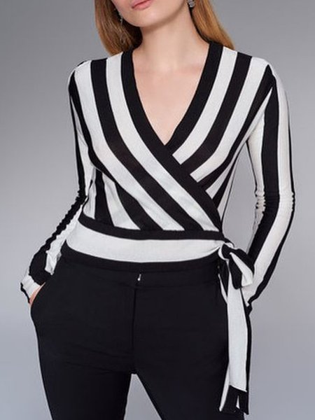Regular Fit V Neck Striped Shirt & Top, Stripe, Blouses and Shirts
