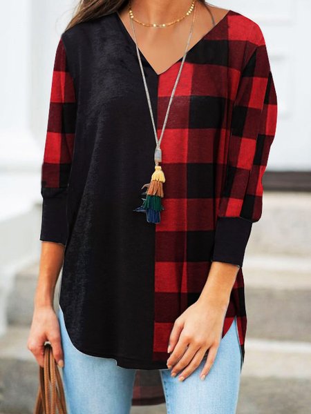 V Neck Basics Cotton Blends Shirts & Tops, Black-red, Tunics