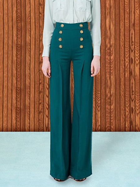 Work Regular Fit Solid Pants, Green, Wide Leg Pants