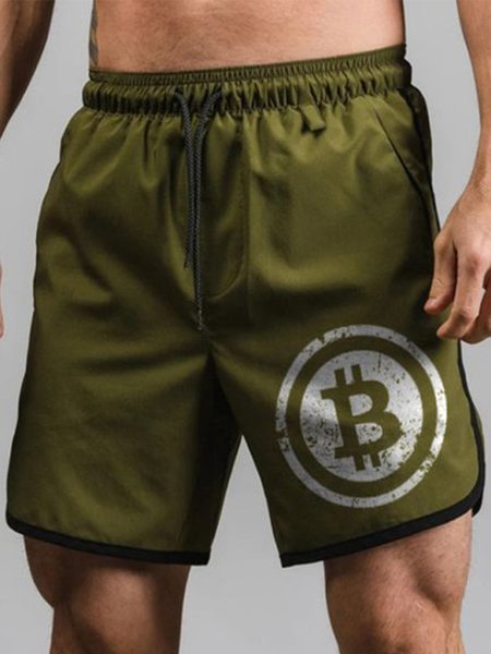 Stretch Waist Drawstring Men's Simple Letters Beach Shorts, Darkgreen, Men's shorts