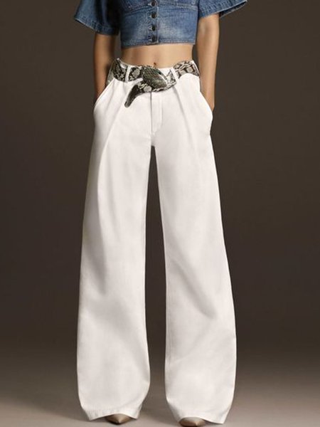 Regular Fit Plain Elegant Pants, White, Wide Leg Pants