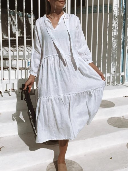 Casual Solid V Neck Long Sleeve Midi Dresses, White, Midi Dresses