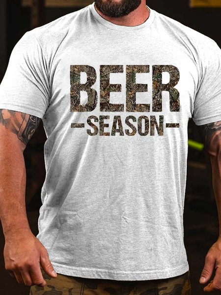 Beer Season Crew Neck Cotton Blends Casual T-shirt, White, T-shirts