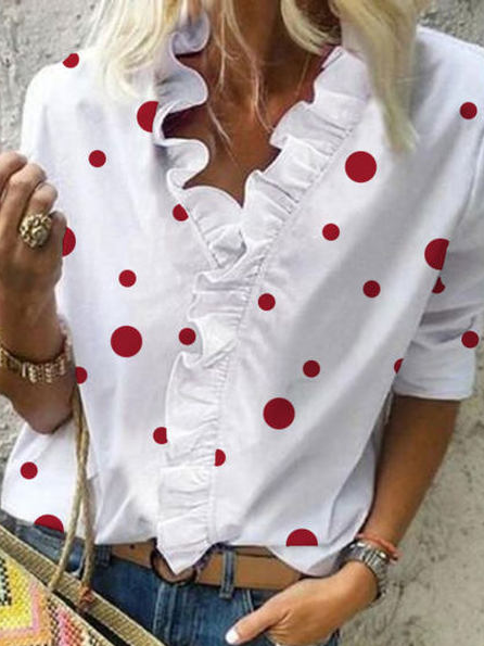 

Polka Dots Long Sleeve Casual Cotton Blends V Neck Shirts & Tops, White, Blouses & Shirts