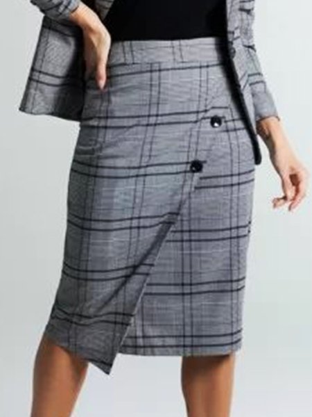 Work Daily Elegant Simple Grid Regular Fit Skirts, As picture, Midi Skirts