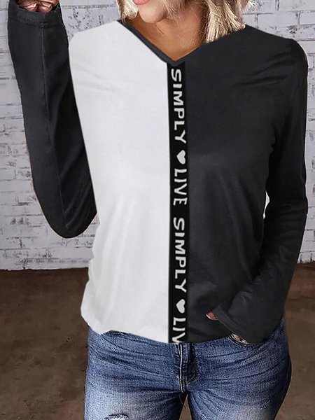 Color Block Heart Print Letter V Neck Long Sleeve T-Shirts, Black-white, Long sleeve tops