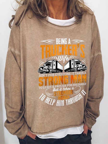Fun text printing round neck long-sleeved sweatshirt, Light brown, Hoodies&Sweatshirts