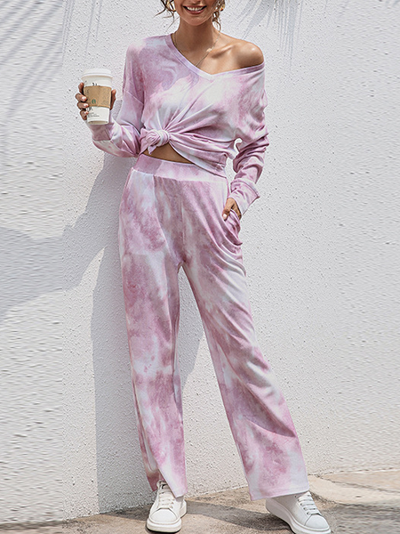 Red Cotton Blends Tie Dye Suits, Two-piece Outfits